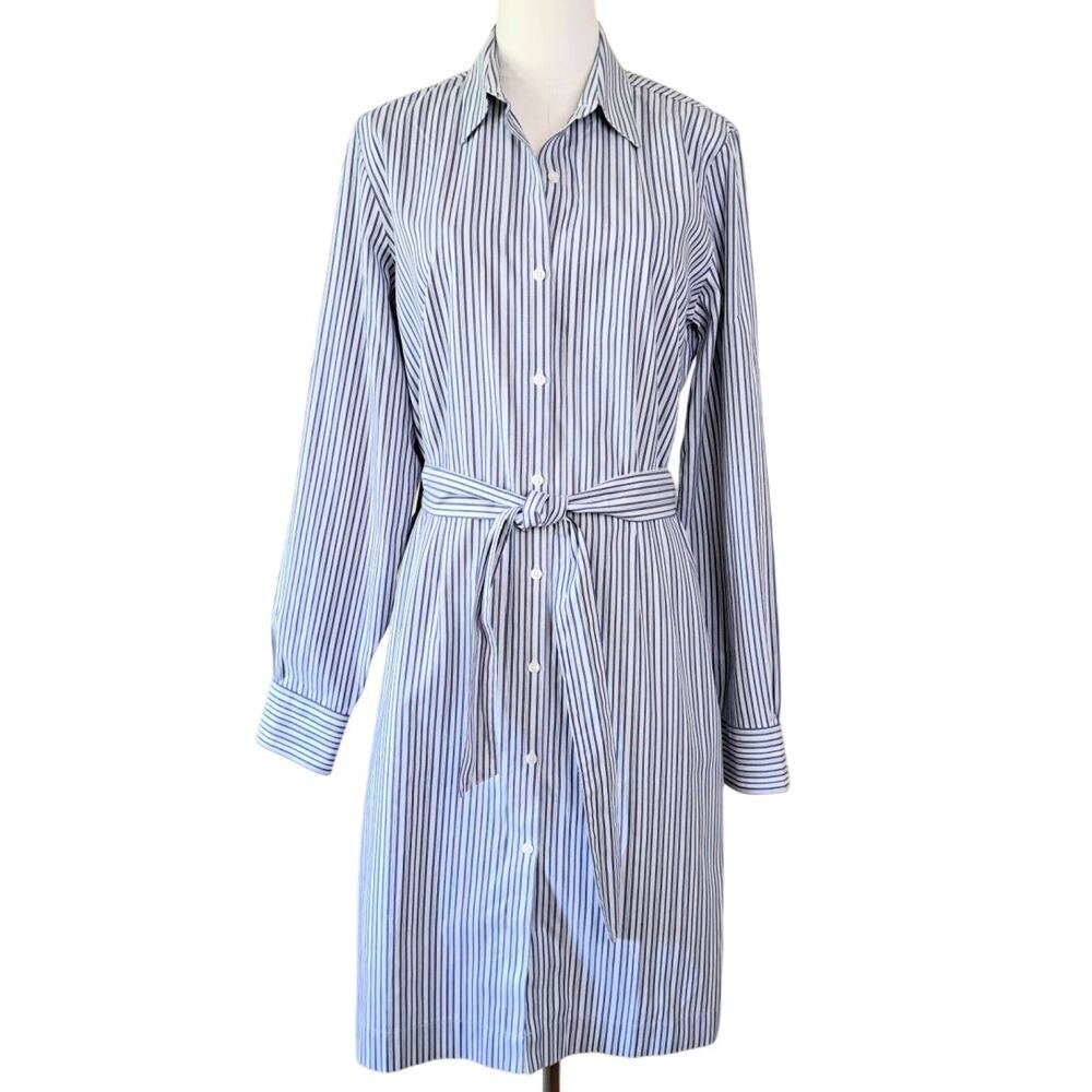Brooks Brothers 346 Size 10 Blue Striped Cotton Belted Shirt Dress Roll Tab Slv